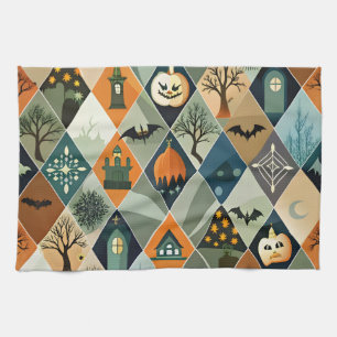 Vintage Halloween Haunted House Diamond Pattern Tea Towel