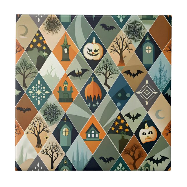 Vintage Halloween Haunted House Diamond Pattern Tile (Front)