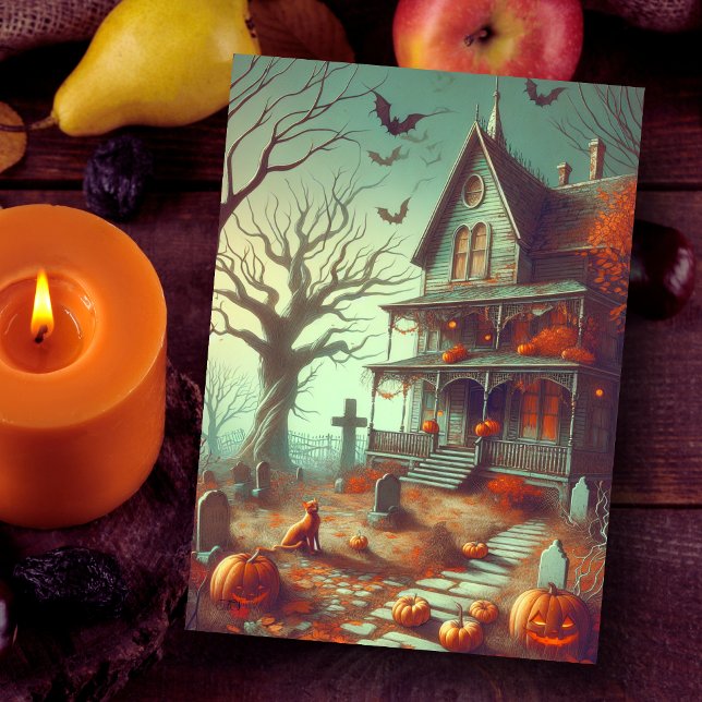 Vintage Halloween Haunted House Fall  Holiday Card (Creator Uploaded)