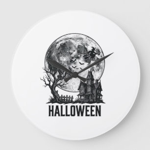 Vintage Halloween Haunted House Moon Shirt Design_ Large Clock