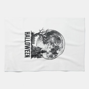 Vintage Halloween Haunted House Moon Shirt Design_ Tea Towel