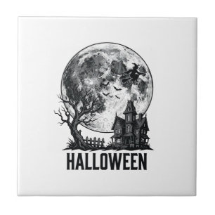 Vintage Halloween Haunted House Moon Shirt Design_ Tile