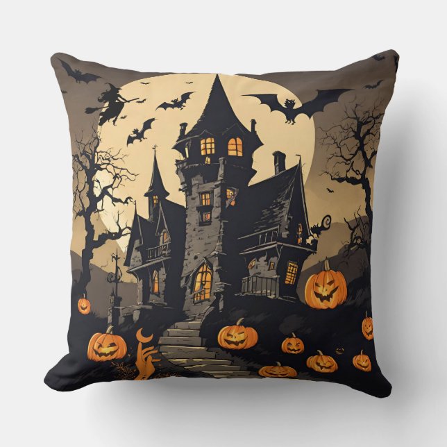 Vintage Halloween Haunted House, Pumpkins, Bats Cushion (Front)