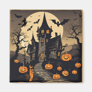 Vintage Halloween Haunted House, Pumpkins, Bats Magnet