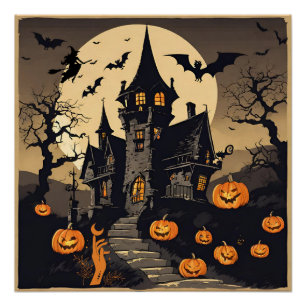 Vintage Halloween Haunted House, Pumpkins, Bats Poster