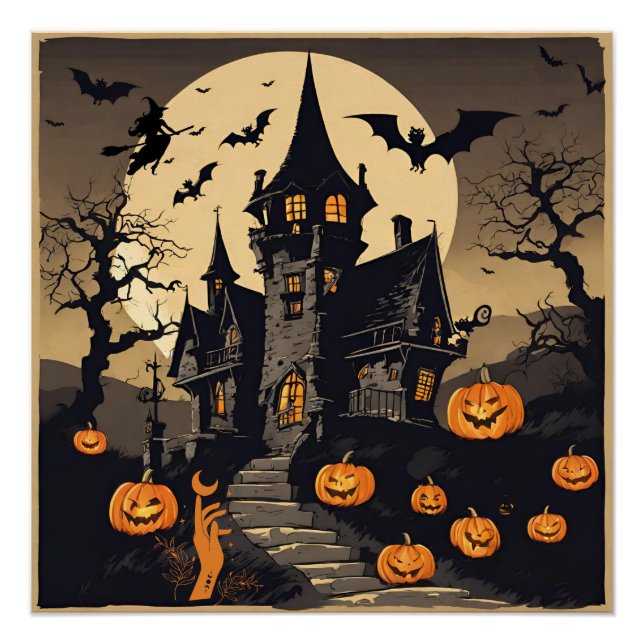 Vintage Halloween Haunted House, Pumpkins, Bats Poster (Front)