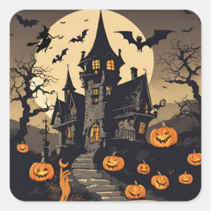 Vintage Halloween Haunted House, Pumpkins, Bats Square Sticker