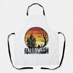 Vintage Halloween Haunted House Sunset Vector Art_ Apron