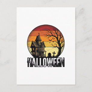 Vintage Halloween Haunted House Sunset Vector Art_ Postcard