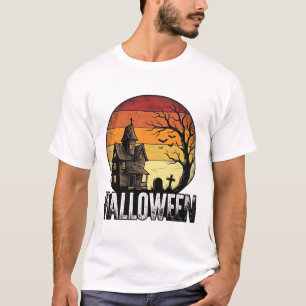 Vintage Halloween Haunted House Sunset Vector Art_ T-Shirt
