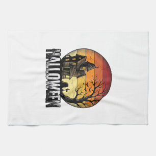 Vintage Halloween Haunted House Sunset Vector Art_ Tea Towel