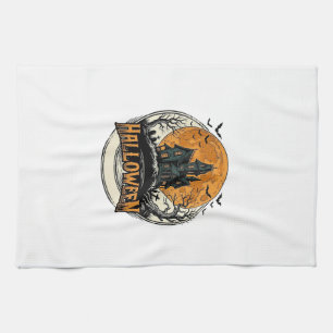 Vintage Halloween Haunted House Vector Design_1 Tea Towel