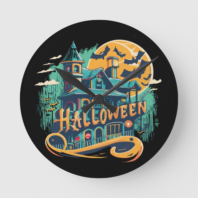 vintage halloween house with ghost  round clock (Front)