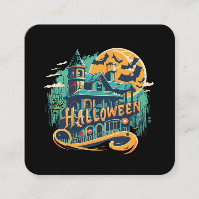 vintage halloween house with ghost  square business card (Front)
