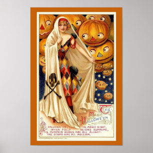 Vintage Halloween illustration witch pumpkins Poster