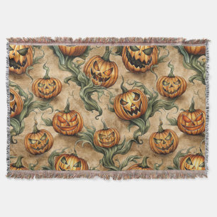 Vintage Halloween Jack-O-Lantern Vine Pattern Throw Blanket