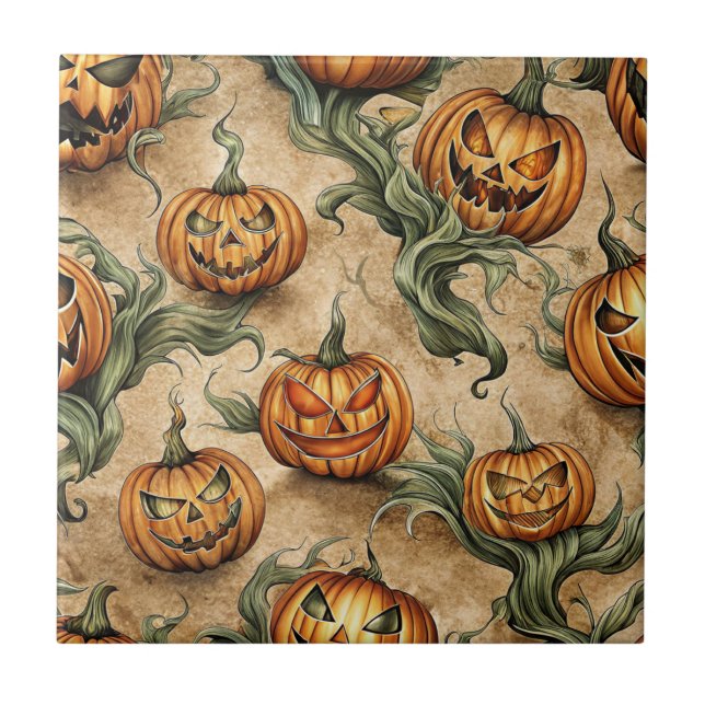 Vintage Halloween Jack-O-Lantern Vine Pattern Tile (Front)