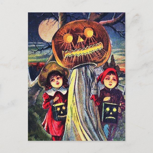Vintage Halloween kids and pumpkin postcard (Front)