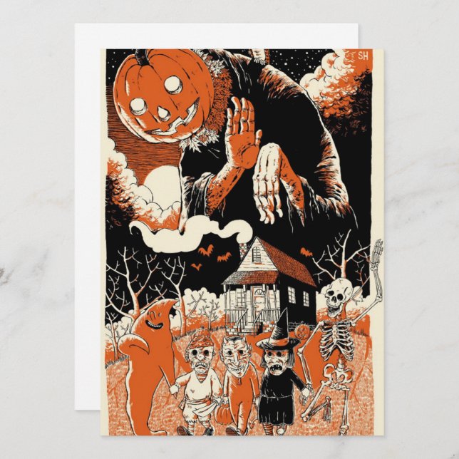 Vintage Halloween Kids And Scary Pumpkin (Front/Back)