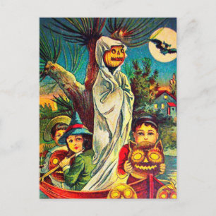 Vintage Halloween kids pumpkin bat postcard