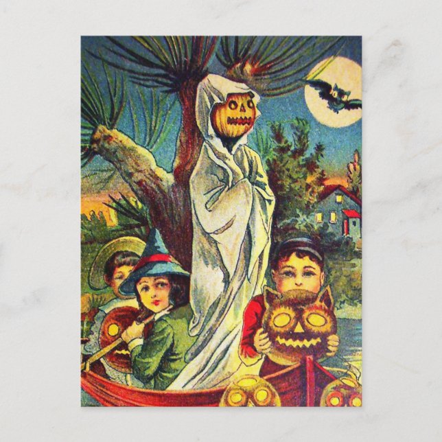 Vintage Halloween kids pumpkin bat postcard (Front)