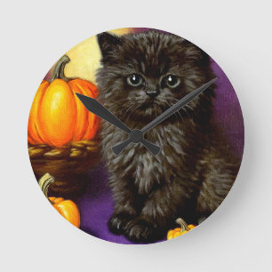 Vintage Halloween Kitten Round Clock