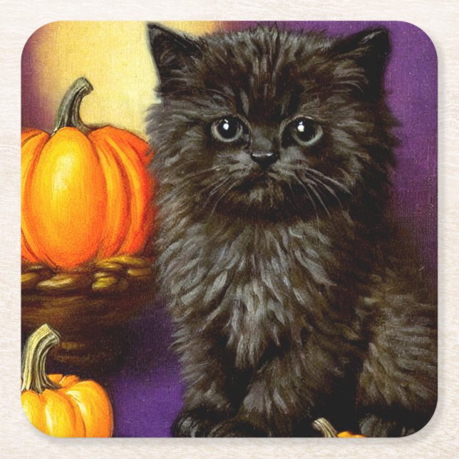 Vintage Halloween Kitten Square Paper Coaster (Front)