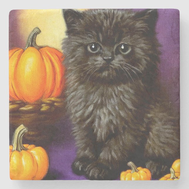 Vintage Halloween Kitten Stone Coaster (Front)