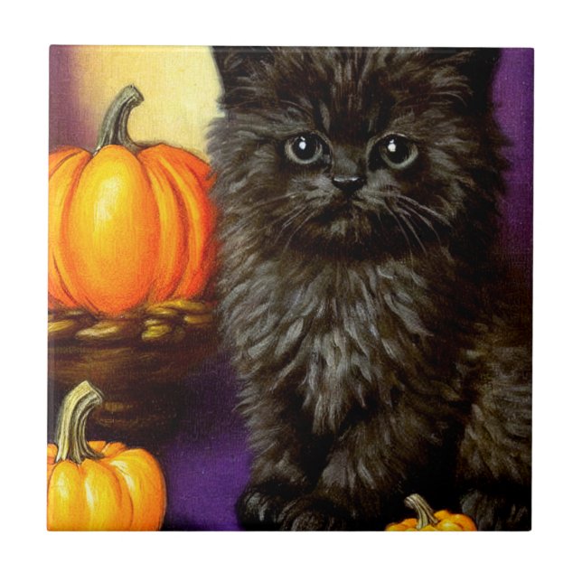 Vintage Halloween Kitten Tile (Front)