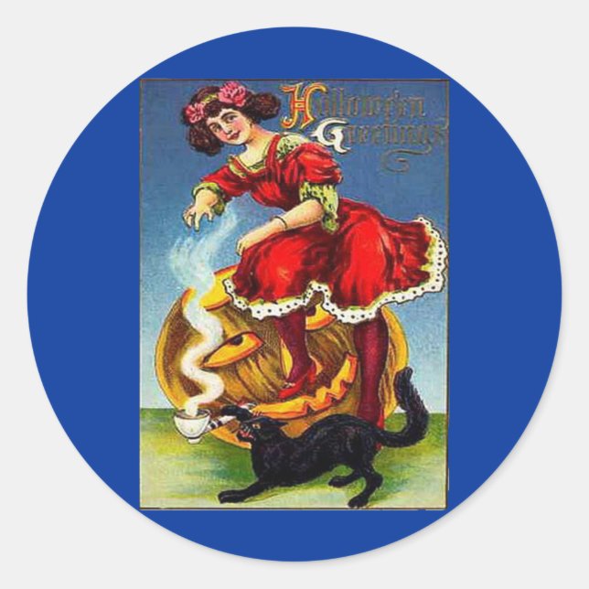 Vintage Halloween Lady in Red Classic Round Sticker (Front)