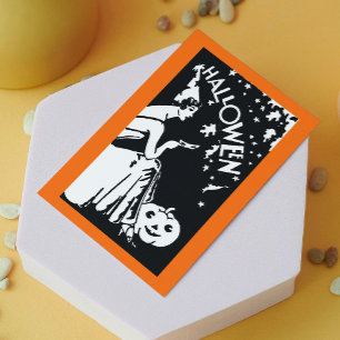 Vintage Halloween Lady with Mask Jack-O’-Lantern Card