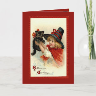 Vintage Halloween Little Witch And Cat Card