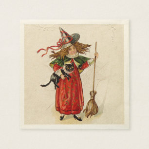Vintage Halloween Little Witch Girl with a Cat Napkin
