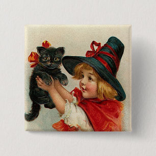 Vintage Halloween Little Witch Holding Black Cat 15 Cm Square Badge