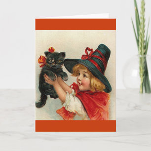 Vintage Halloween Little Witch Holding Black Cat Card