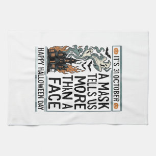 Vintage Halloween Mask Quote Vector Design_1 Tea Towel