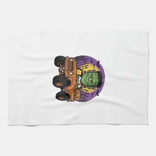 Vintage Halloween Monster Truck Pumpkin Shirt_1 Tea Towel