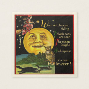 Vintage Halloween Moon Watching Witch with Poem Napkin