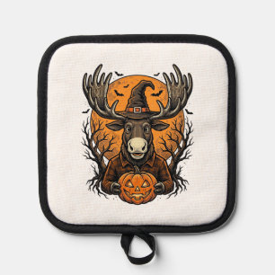 Vintage Halloween Moose Pumpkin Witch Hat Shirt_1 Pot Holder