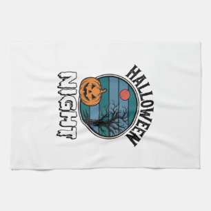 Vintage Halloween Night Pumpkin Tree Shirt Design_ Tea Towel