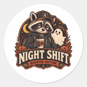 Vintage Halloween Night Shift Racoon Haunted Edit Classic Round Sticker