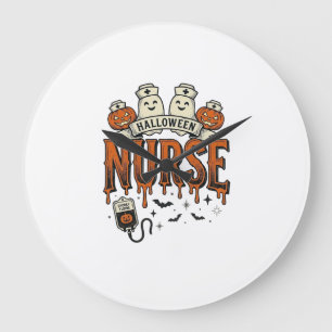 Vintage Halloween Nurse Ghost Pumpkin Design_1 Large Clock