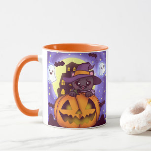 Vintage Halloween October Pumpkin Cat Mug
