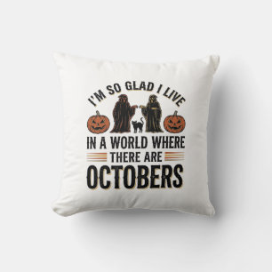 Vintage Halloween October Quote Pumpkin Cat Design Cushion