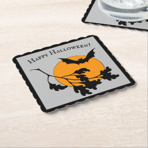 Vintage Halloween Orange Moon Flying Bats Paper Coaster