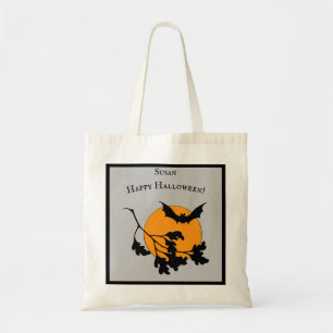 Vintage Halloween Orange Moon Flying Bats Tote Bag