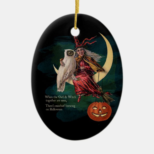 Vintage Halloween Owl and Witch Ornament (Front)