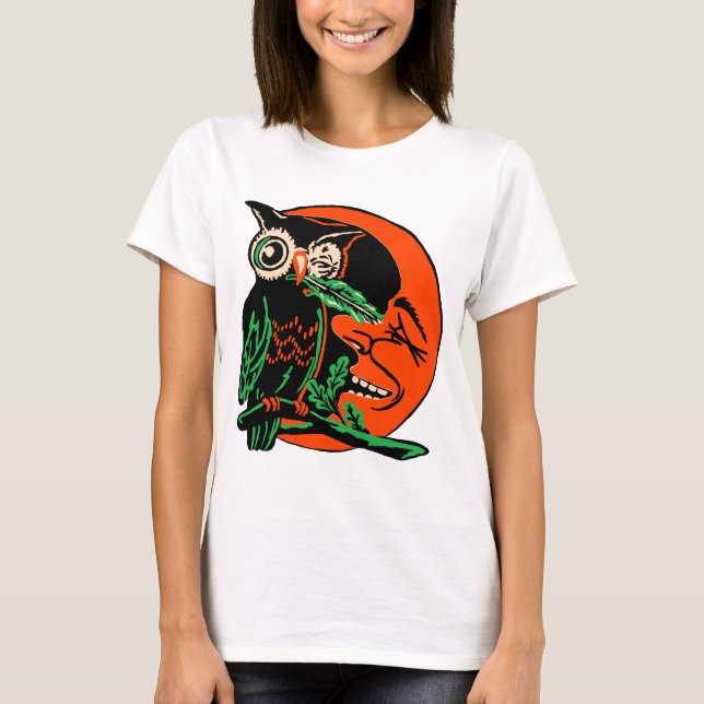 Vintage Halloween Owl Tickling the Moon T-Shirt (Front)