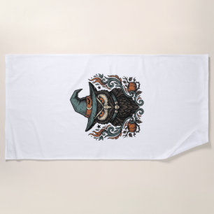 Vintage Halloween Owl Witch Hat Vector Design_1 Beach Towel