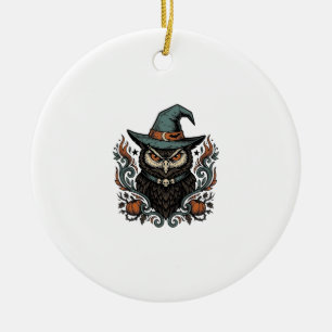 Vintage Halloween Owl Witch Hat Vector Design_1 Ceramic Tree Decoration